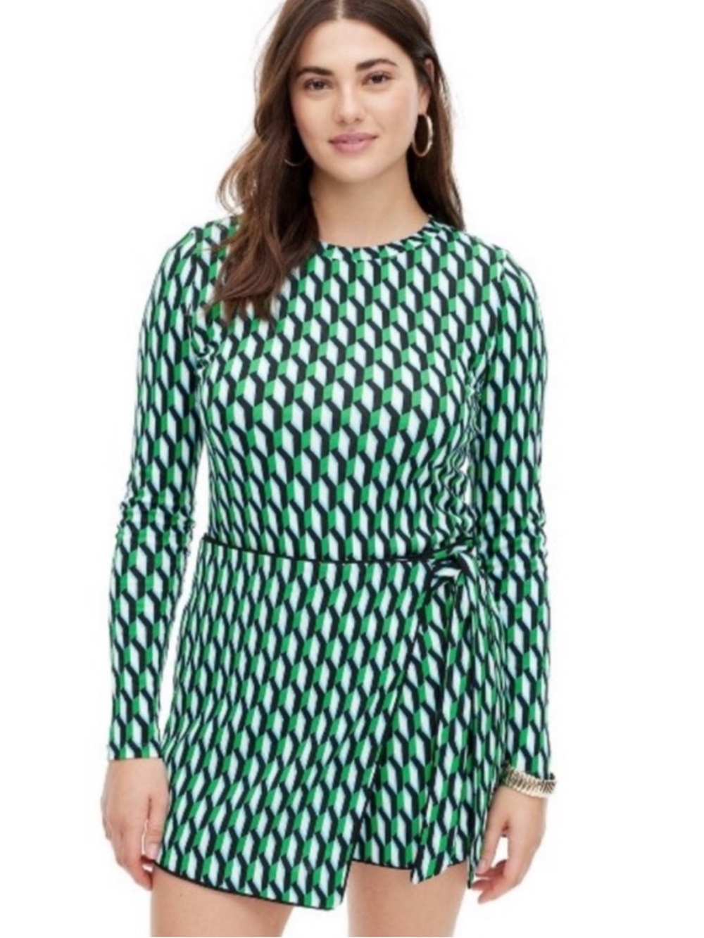 DVF x Target Geo Print Long Sleeve Green Geometric Wrap Crew Neck Top